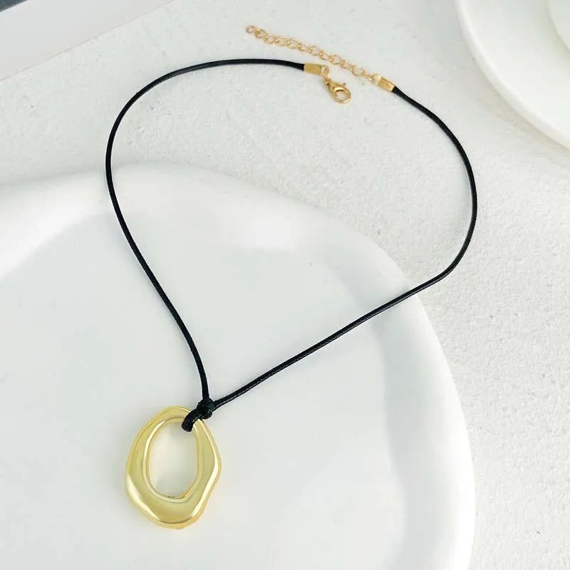Gold Abstract Oval Pendant & Adjustable Black Rope Necklace-Lydieannejewelry