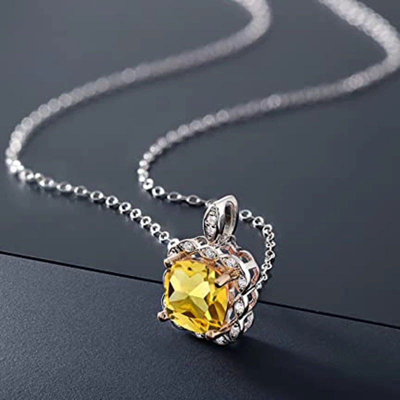Vintage Silver Yellow Square Crystal Necklace-Lydieannejewelry