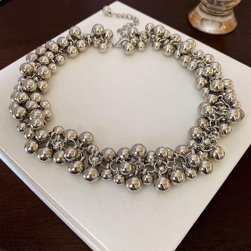 Vintage Silver Ball Multi-layer Bead Necklace-Lydieannejewelry
