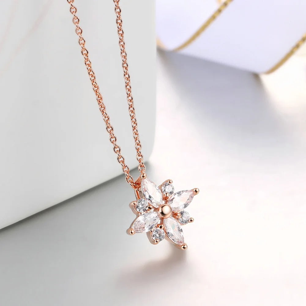 Vintage Rose Gold Floral Crystal Pendant Necklace-Lydieannejewelry