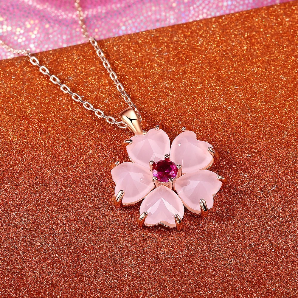 Gold Pink Flower Pendant Necklace-Lydieannejewelry