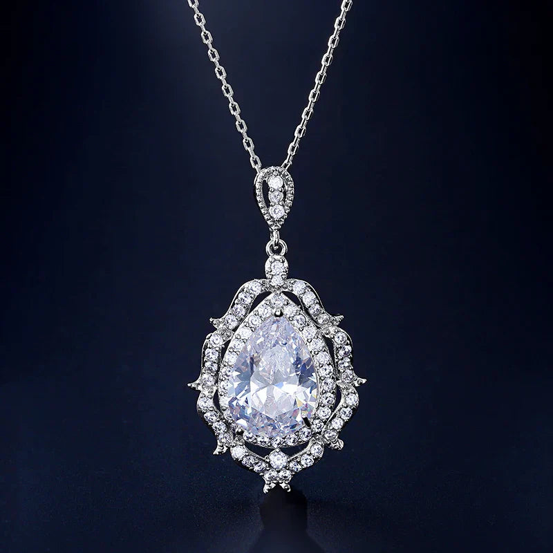 Vintage Silver Teardrop Crystal Necklace-Lydieannejewelry