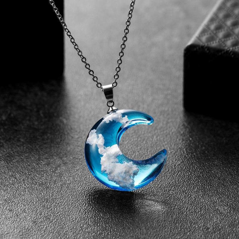 Blue Sky Forest Moon Resin Necklace