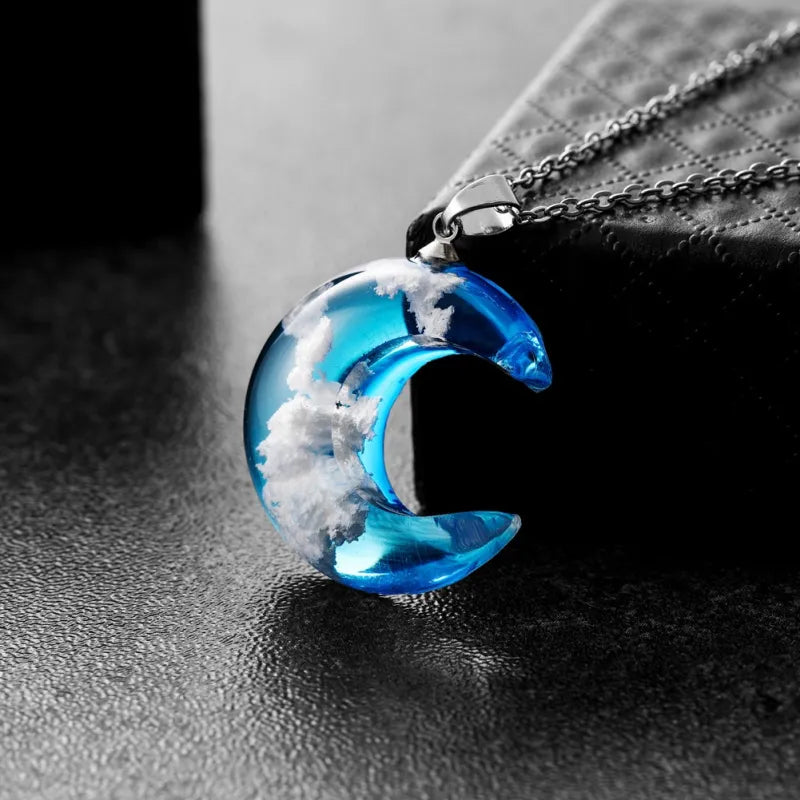 Blue Sky Forest Moon Resin Necklace