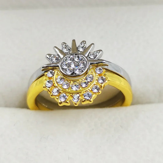 Sun and Moon Matching Couple Rings with Rhinestones