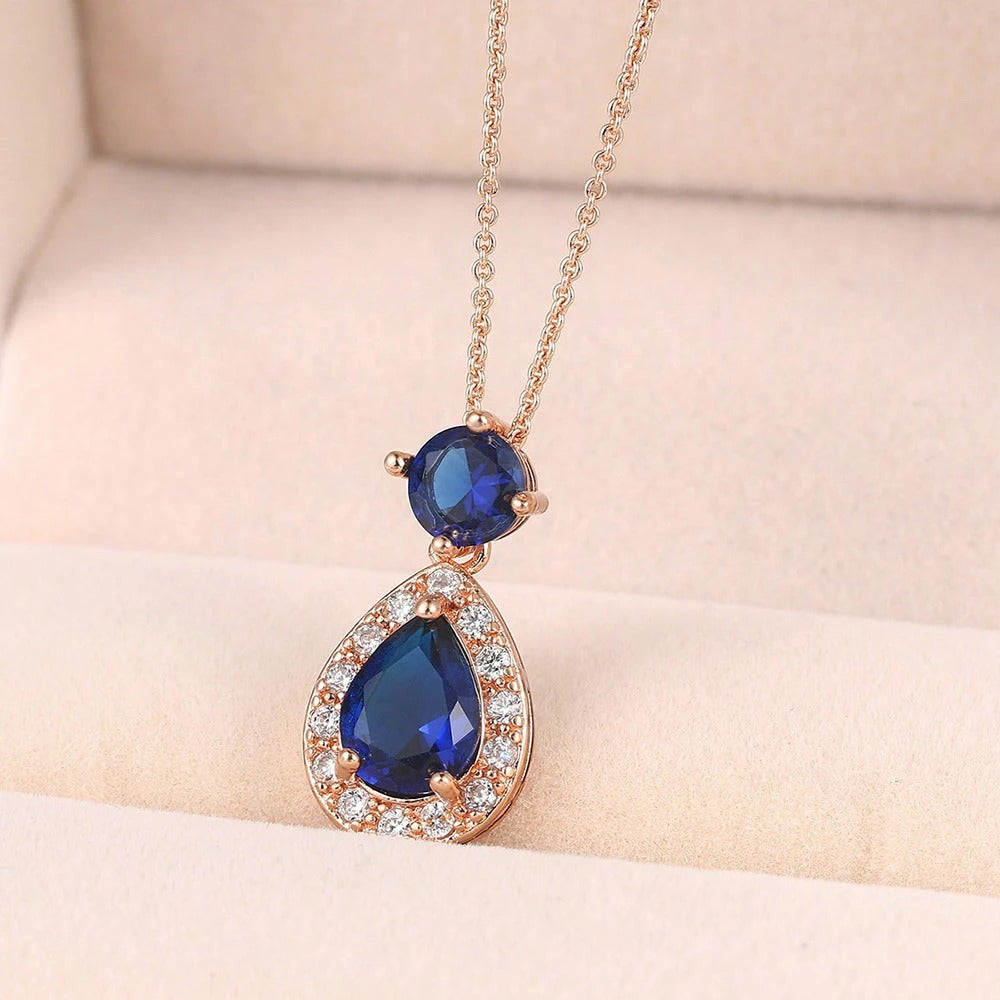 Antique Style Rose Gold Blue Oval Gem & Teardrop Pendant Necklace-Lydieannejewelry