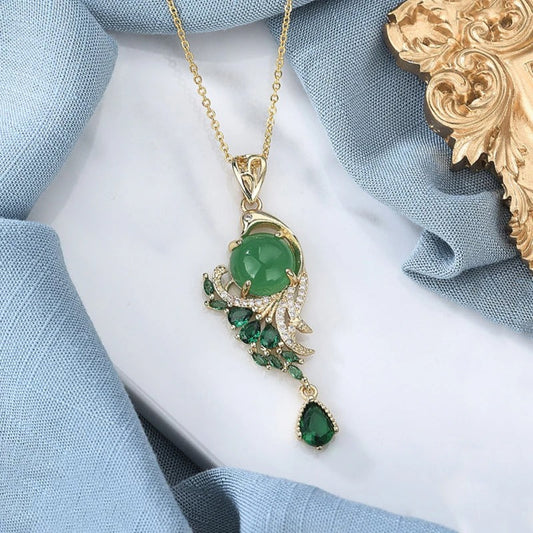 Classic Gold & Wind Green Crystal Phoenix Necklace-Lydieannejewelry