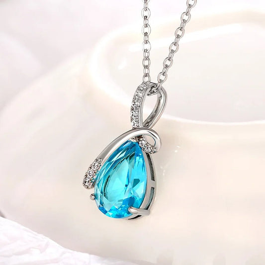 Vintage Silver Teardrop Aqua Necklace-Lydieannejewelry
