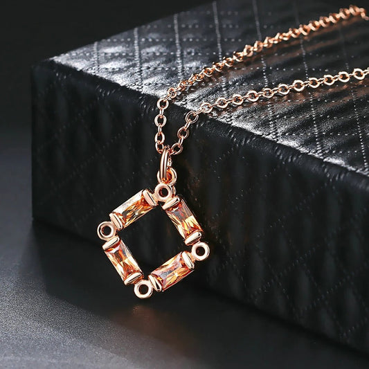 Classic Rose Gold Crystal Square Charm Necklace-Lydieannejewelry