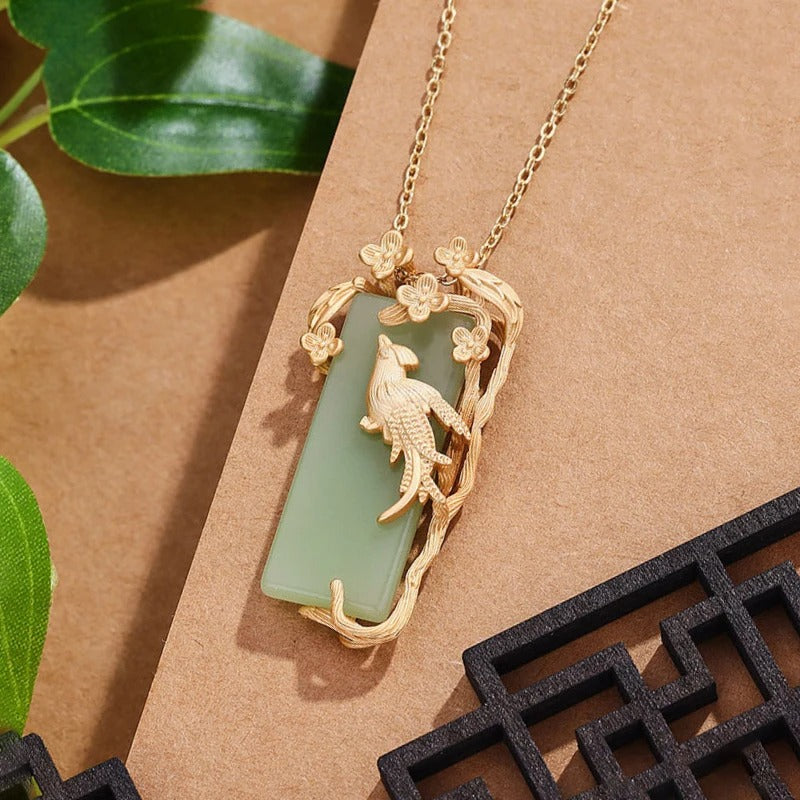 Gold Bird Green Gem & Magpie Flower Branch Pendant Necklace-Lydieannejewelry