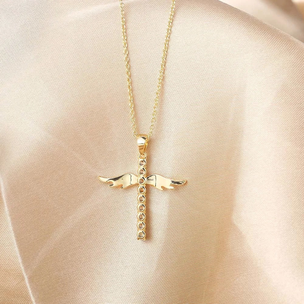 Gold Angelic Winged Cross Pendant Necklace-Lydieannejewelry