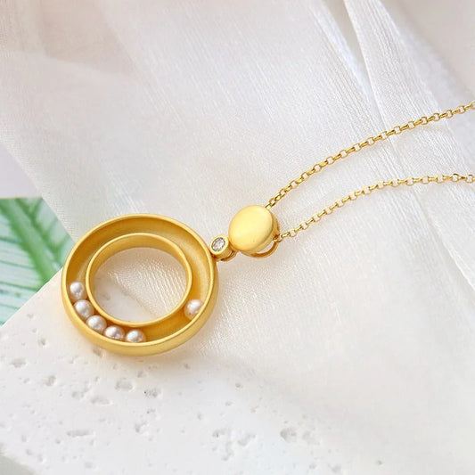 Classic Gold Matte Pearl & Circle Design Pendant Necklace-Lydieannejewelry