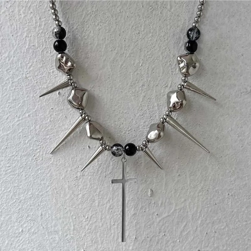 Vintage Silver Spiked Cross Pendant Necklace-Lydieannejewelry
