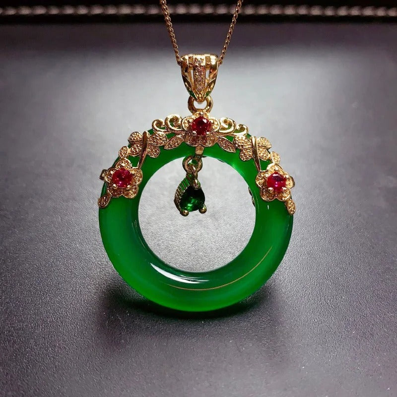 Classic Green Crystal Floral Ring Pendant Necklace-Lydieannejewelry