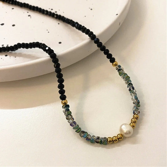 Gold & Pearl Black Bead Necklace-Lydieannejewelry